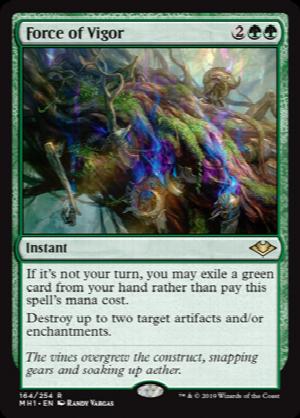Force of Vigor
 If it's not your turn, you may exile a green card from your hand rather than pay this spell's mana cost.
Destroy up to two target artifacts and/or enchantments.